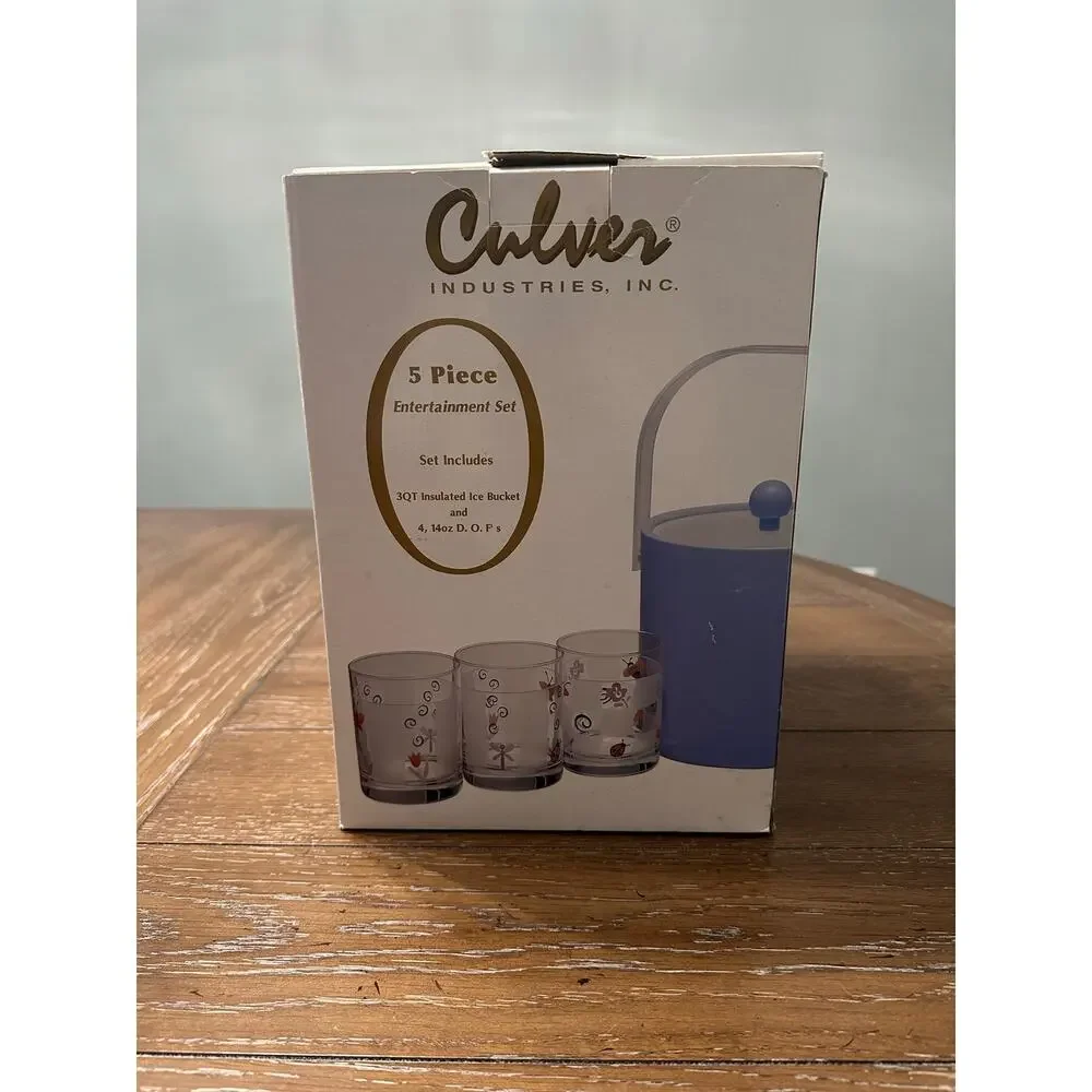 NIB Vintage Culver Glasses 5 Piece Double Old Fashion Glasses & Ice Bucket